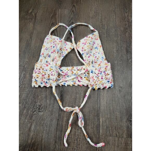 Handmade Crochet Women's Small Bralette Halter Cross Tie Back Top Ivory Pink Blu - Picture 3 of 3
